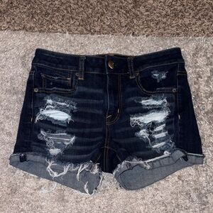 AEO Dark Blue Distressed 360 Super Stretch Hi-Rise Shortie, Size 2